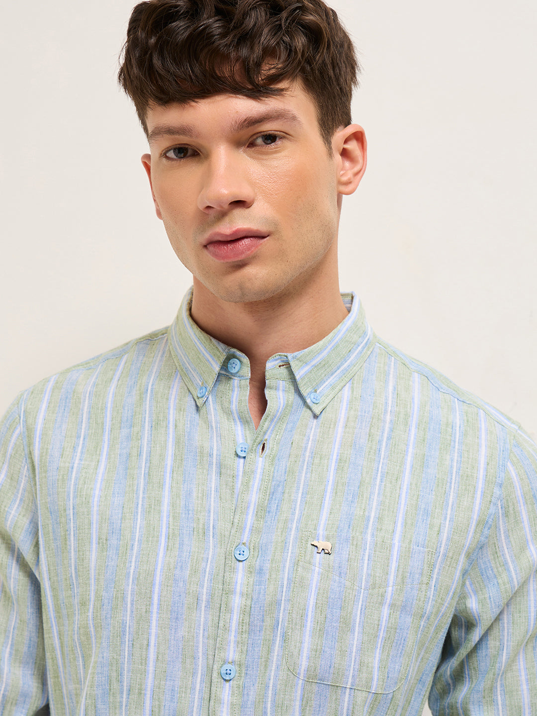 Blue & Green Slim Fit Vertical Striped Cotton Casual Shirt