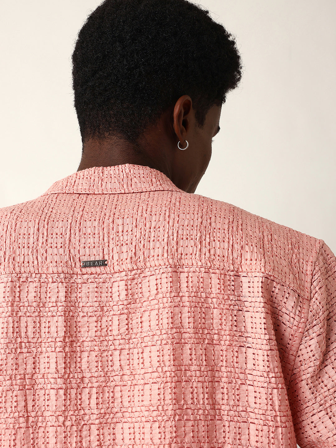 Peach Textured Geometric Relaxed Fit Casual Half Sleeve Shirt