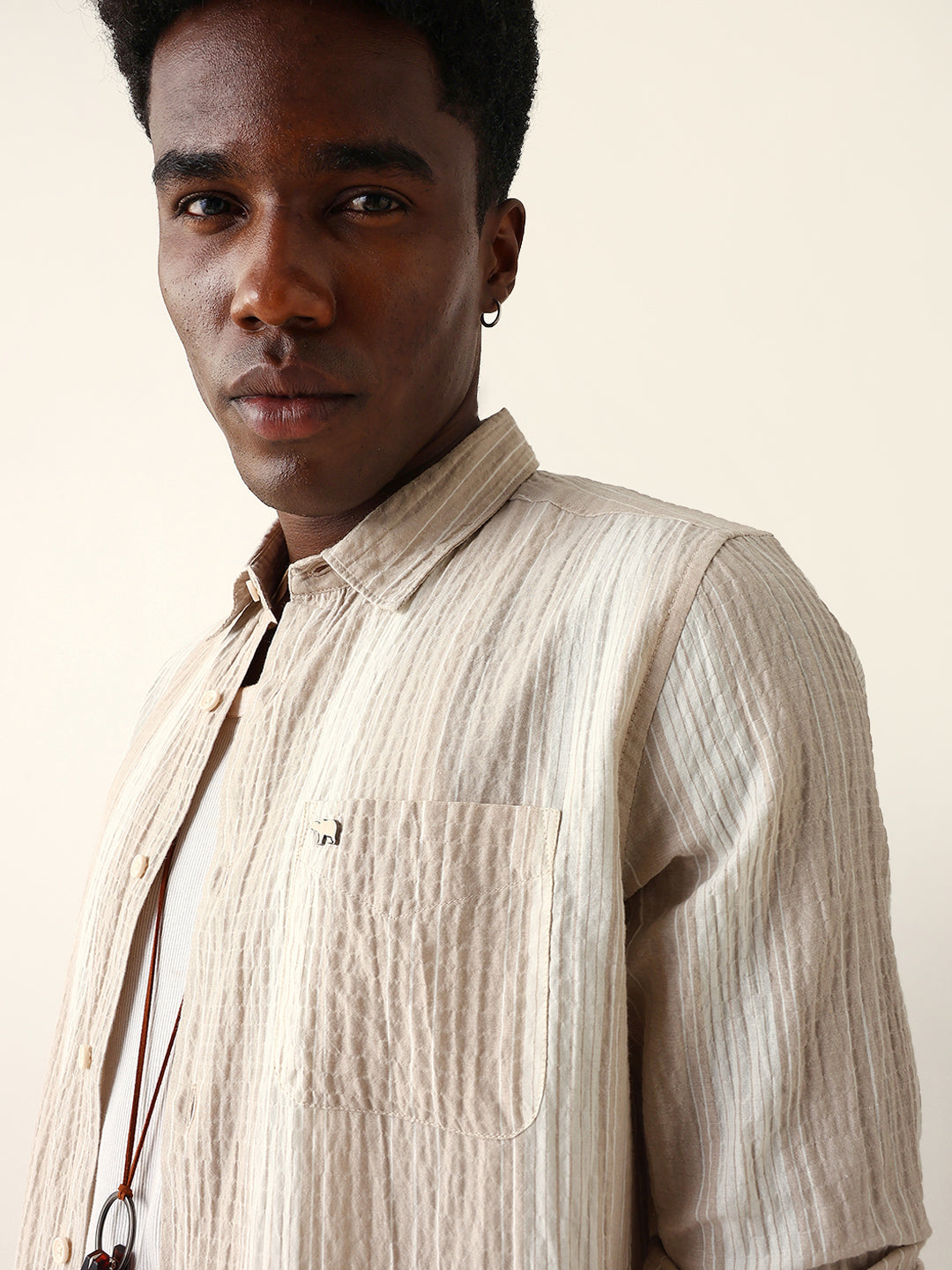 Beige Crinkled Vertical Textured Slim Fit Casual Shirt