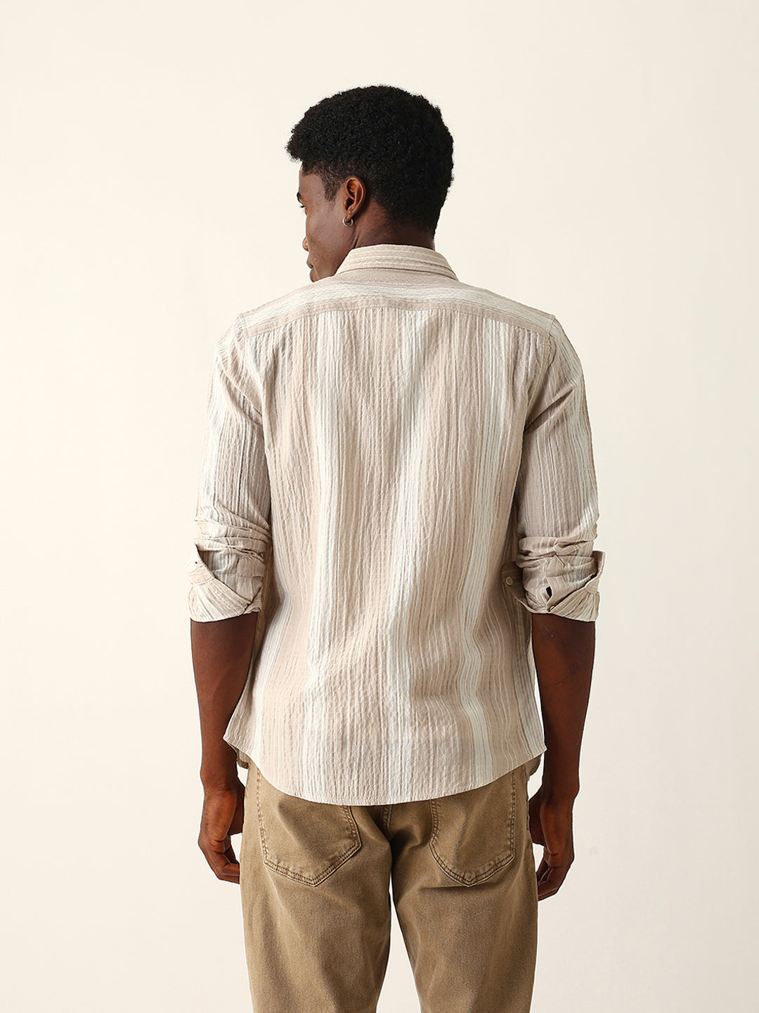 Beige Crinkled Vertical Textured Slim Fit Casual Shirt