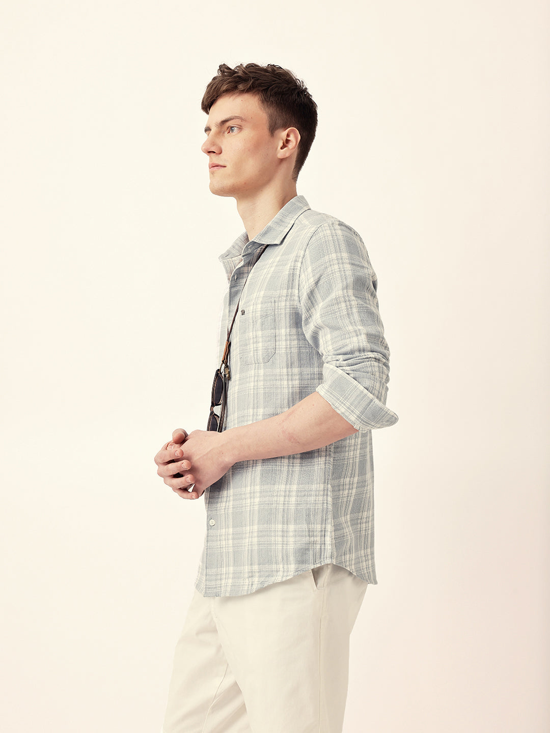 Light Blue Woven Checkered Slim Fit Casual Shirt