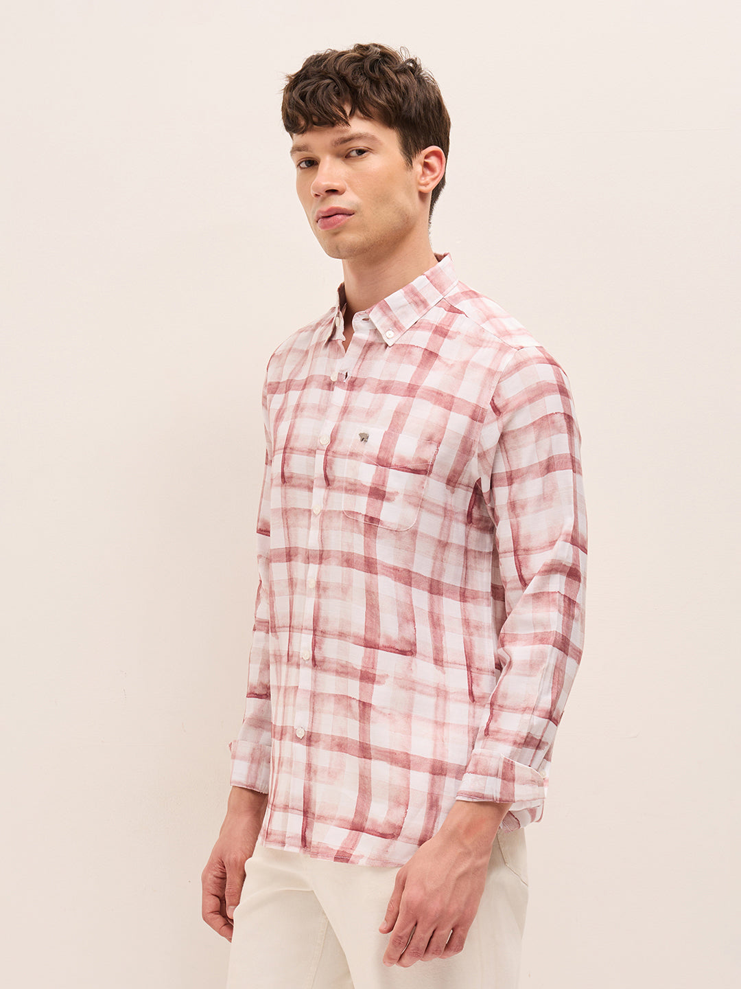 Red & White Slim Fit Casual Shirt with Printed Checks