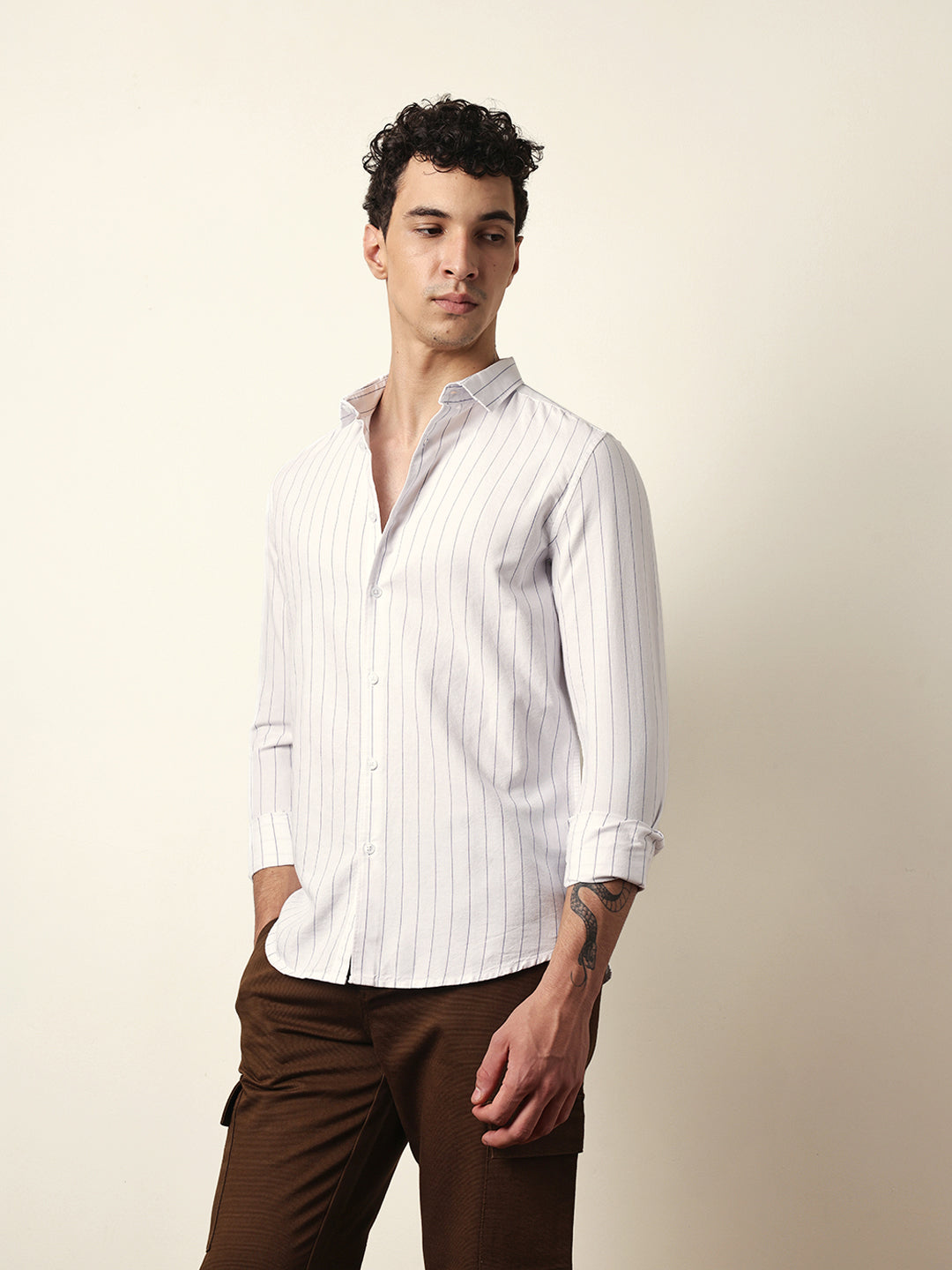 White Vertical Woven Stripe Slim Fit Casual Shirt