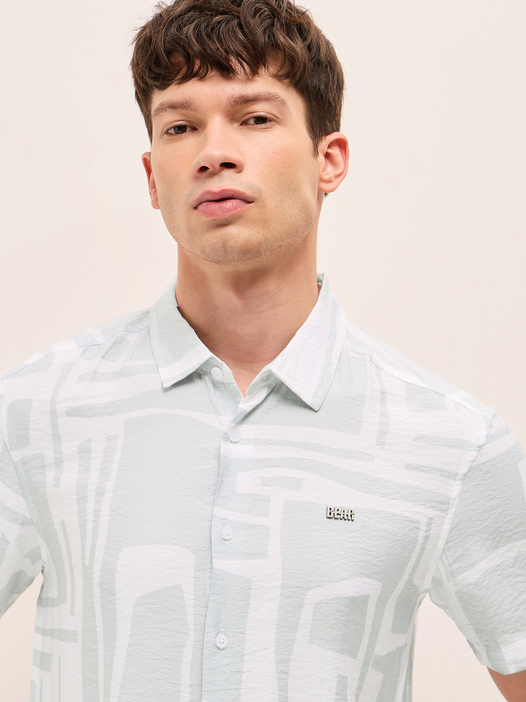 White & Blue Relaxed Fit Abstract Stroke Print Half Sleeve Casual Shirt