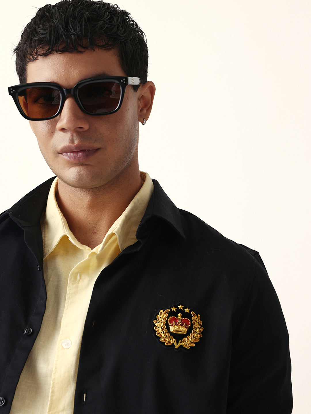 Black Tailored Fit Crest Emblem Embroidered Formal Party Wear Shirt