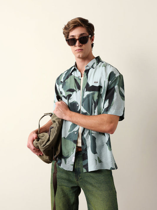 Green Abstract Watercolor Brushstroke Print Oversized Fit Casual Shirt