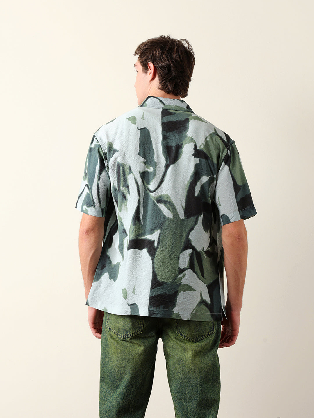 Green Abstract Watercolor Brushstroke Print Oversized Fit Casual Shirt