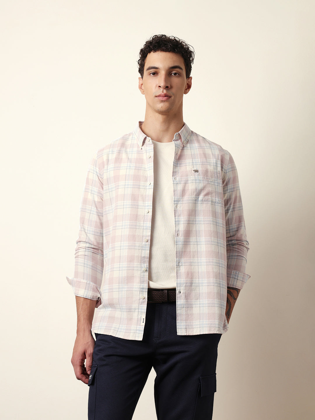 Pink with White Woven Tartan Checked Slim Fit Casual Shirt