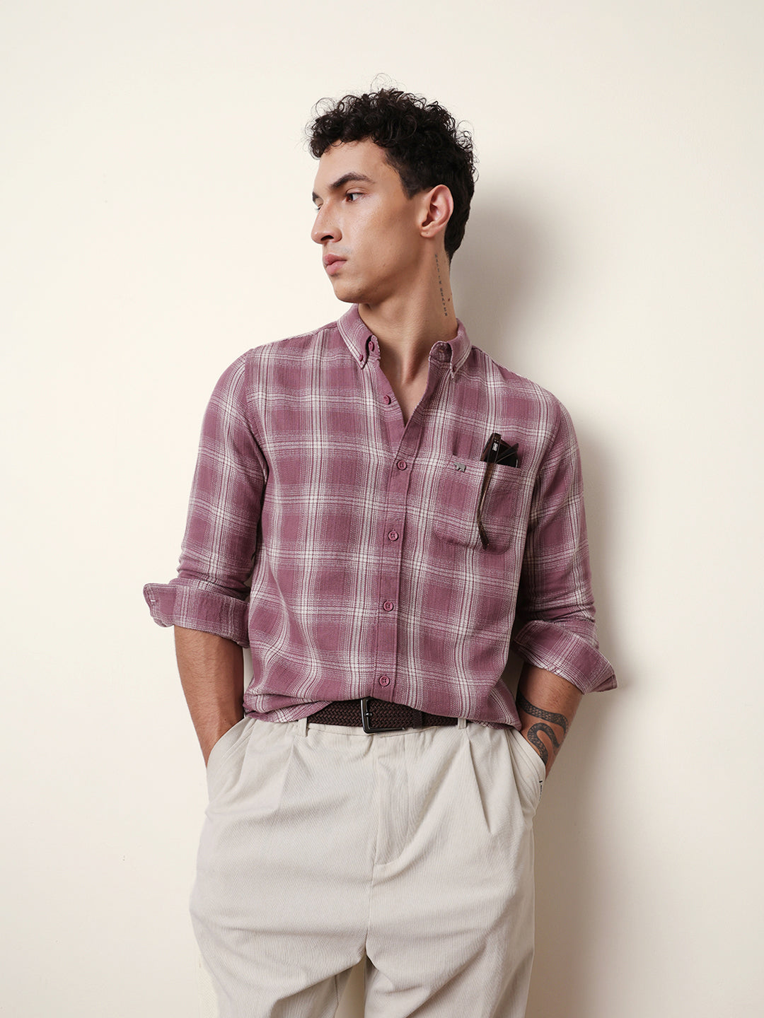 Pink Woven Checkered Slim Fit Casual Shirt