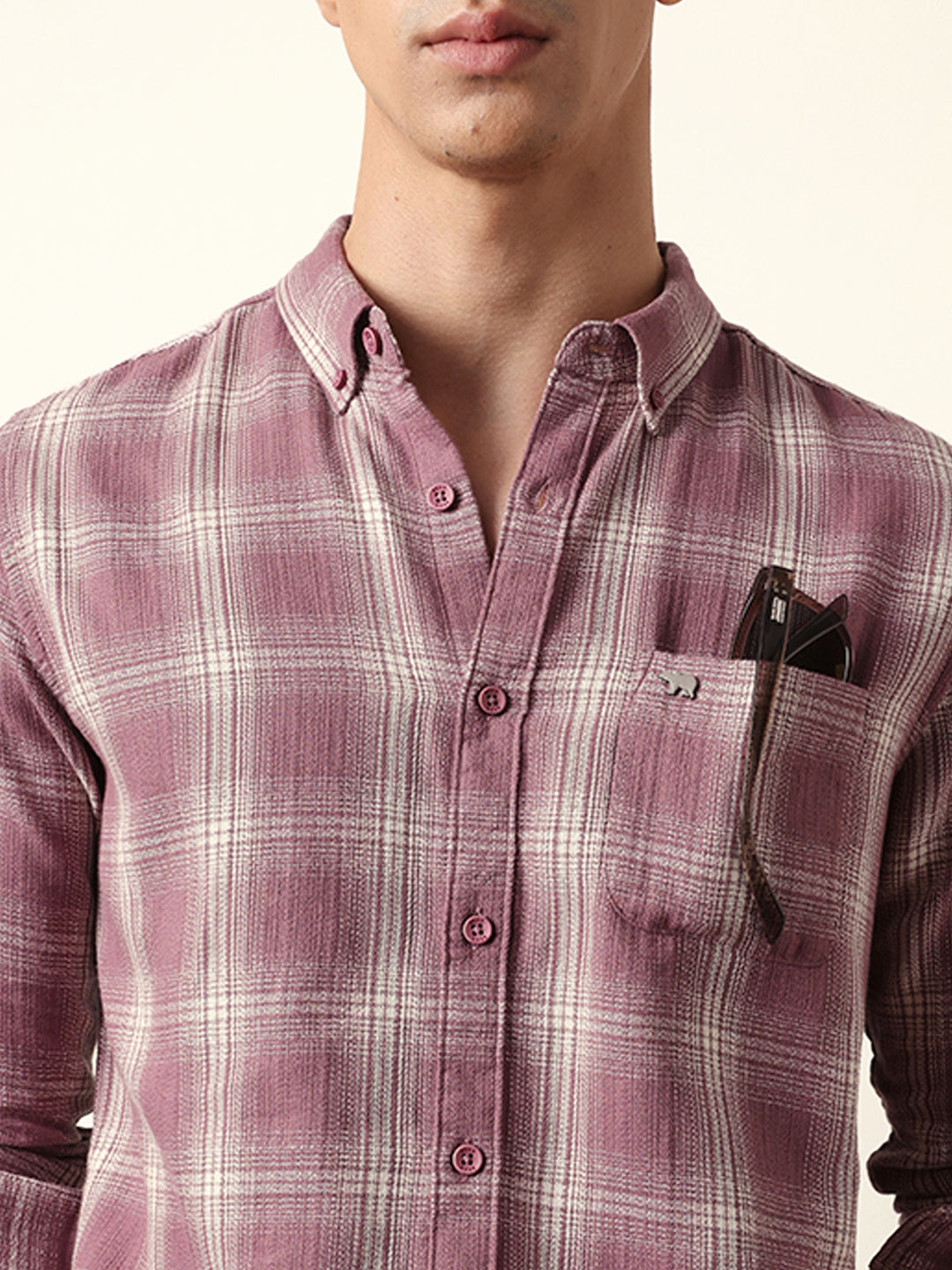 Pink Woven Checkered Slim Fit Casual Shirt