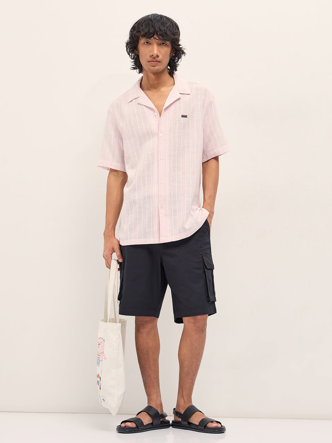 Light Pink Vertical Textured Stripe Relaxed Fit Half Sleeve Casual Shirt