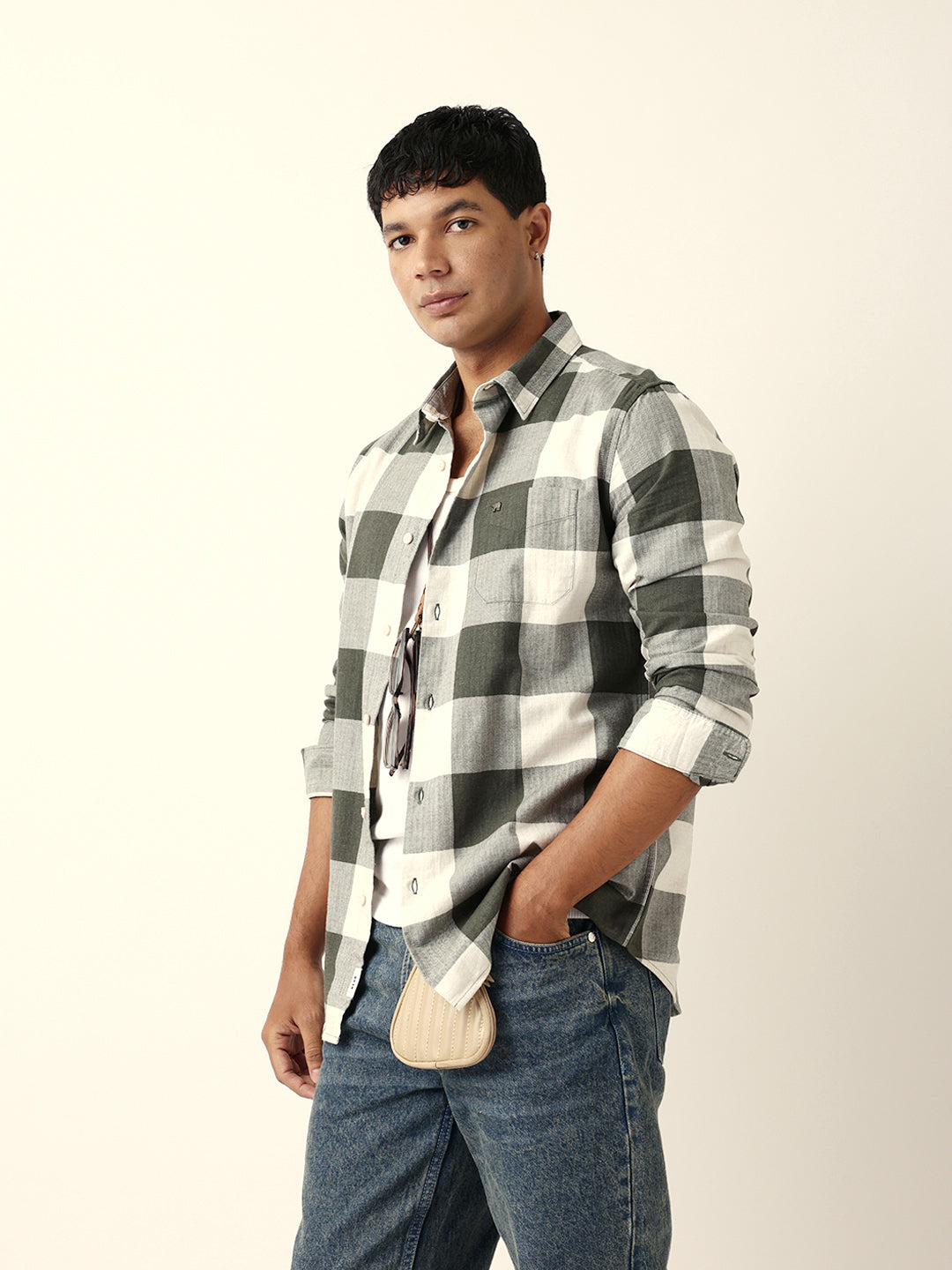 Olive with Cream Woven Checks Slim Fit Casual Shirt