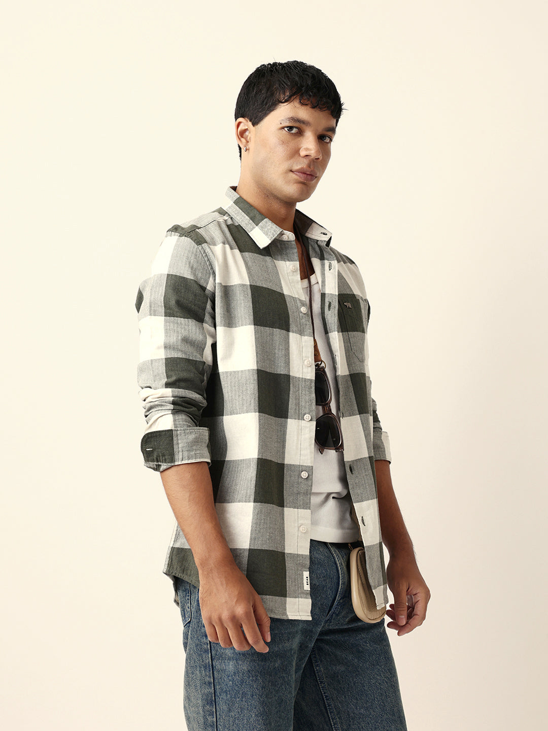 Olive with Cream Woven Checks Slim Fit Casual Shirt