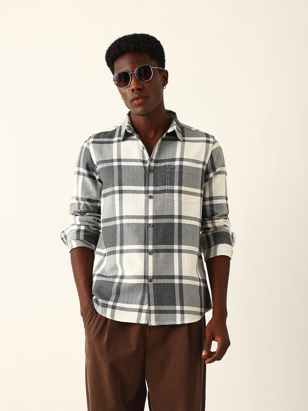 White & Grey Herringbone Flannel Checked Regular Fit Casual Shirt