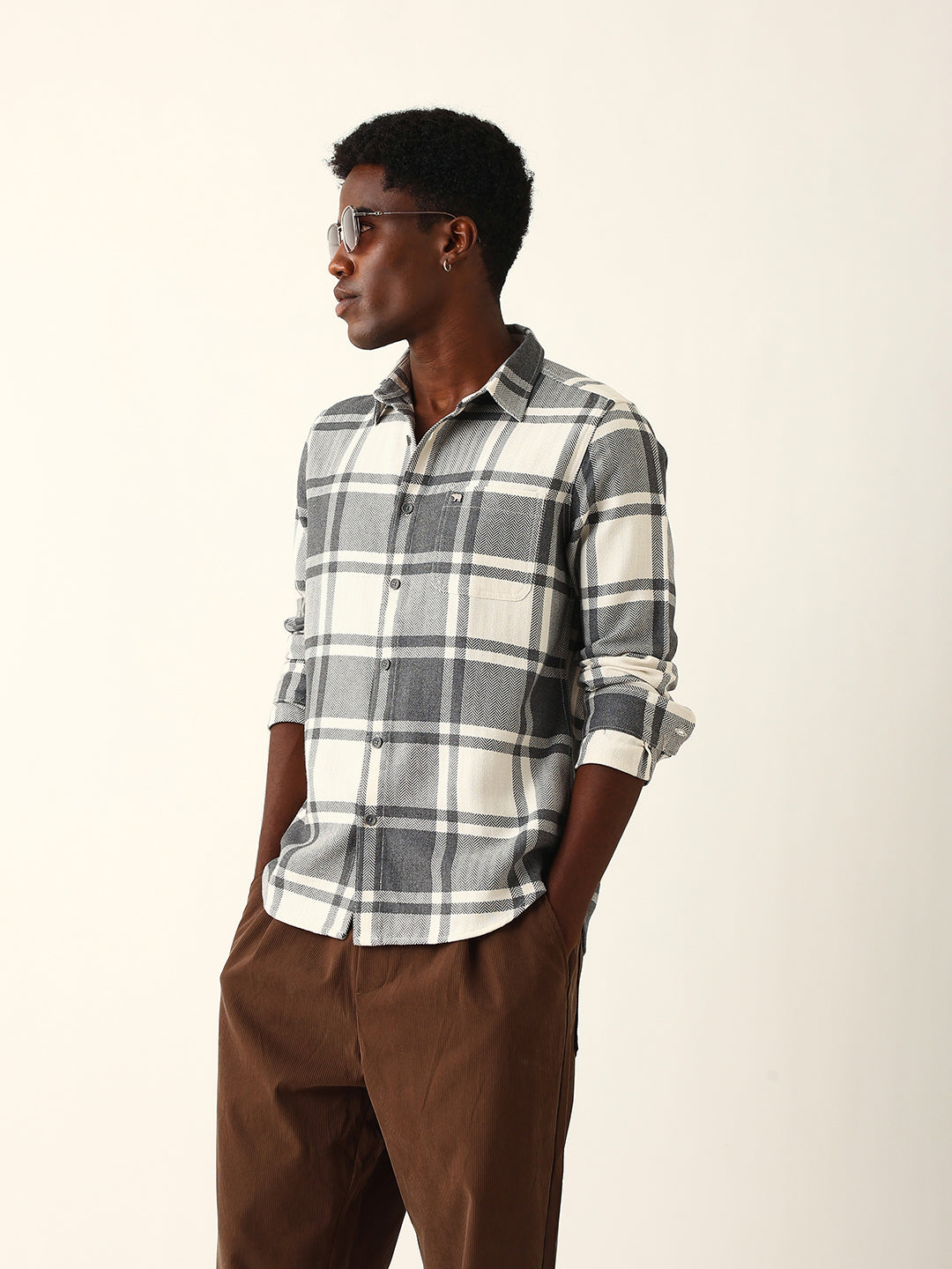 White & Grey Herringbone Flannel Checked Regular Fit Casual Shirt