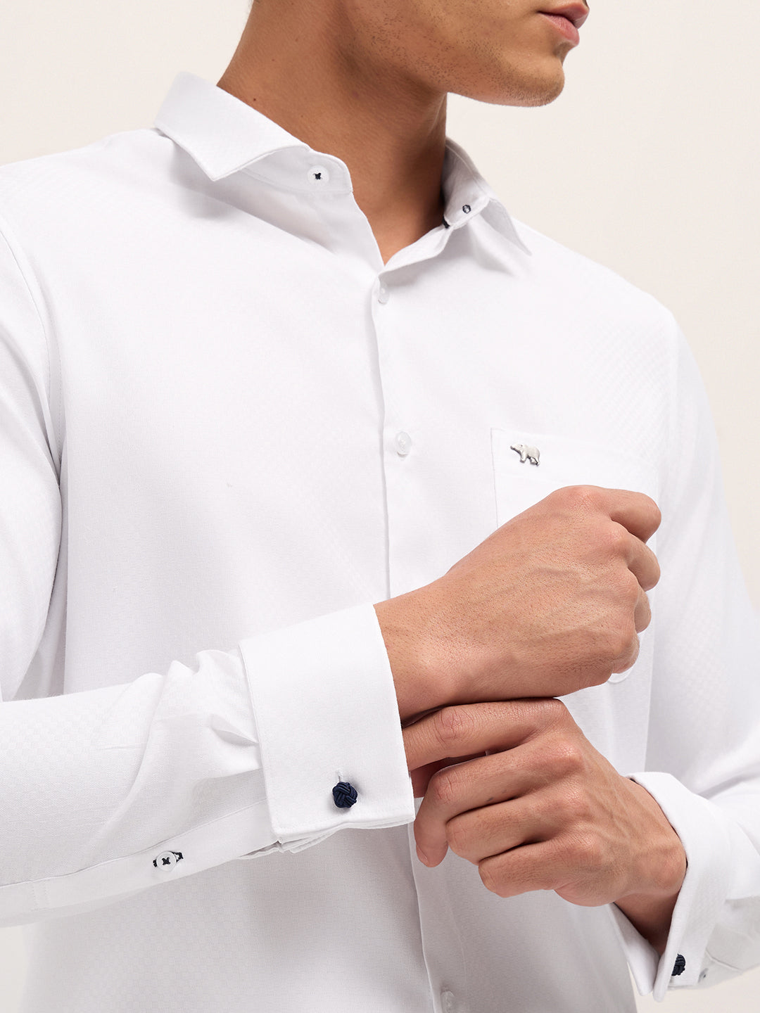 White Woven Micro Check Tailored Fit Formal Shirt with French Cuffs