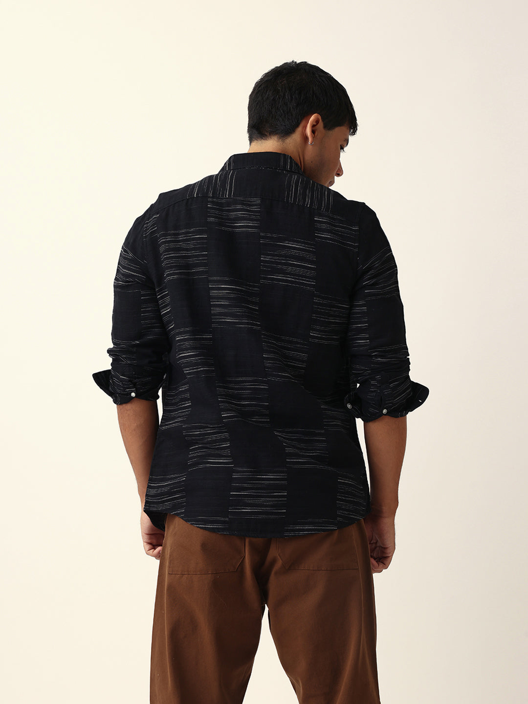 Black Woven Patch Block Check Slim Fit Casual Shirt