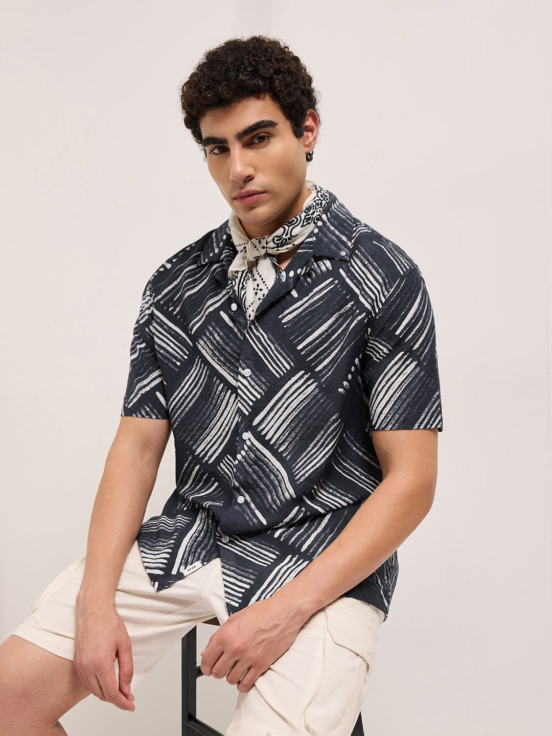 Black Abstract Brushstroke Printed Relaxed Fit Cuban Collar Casual Shirt