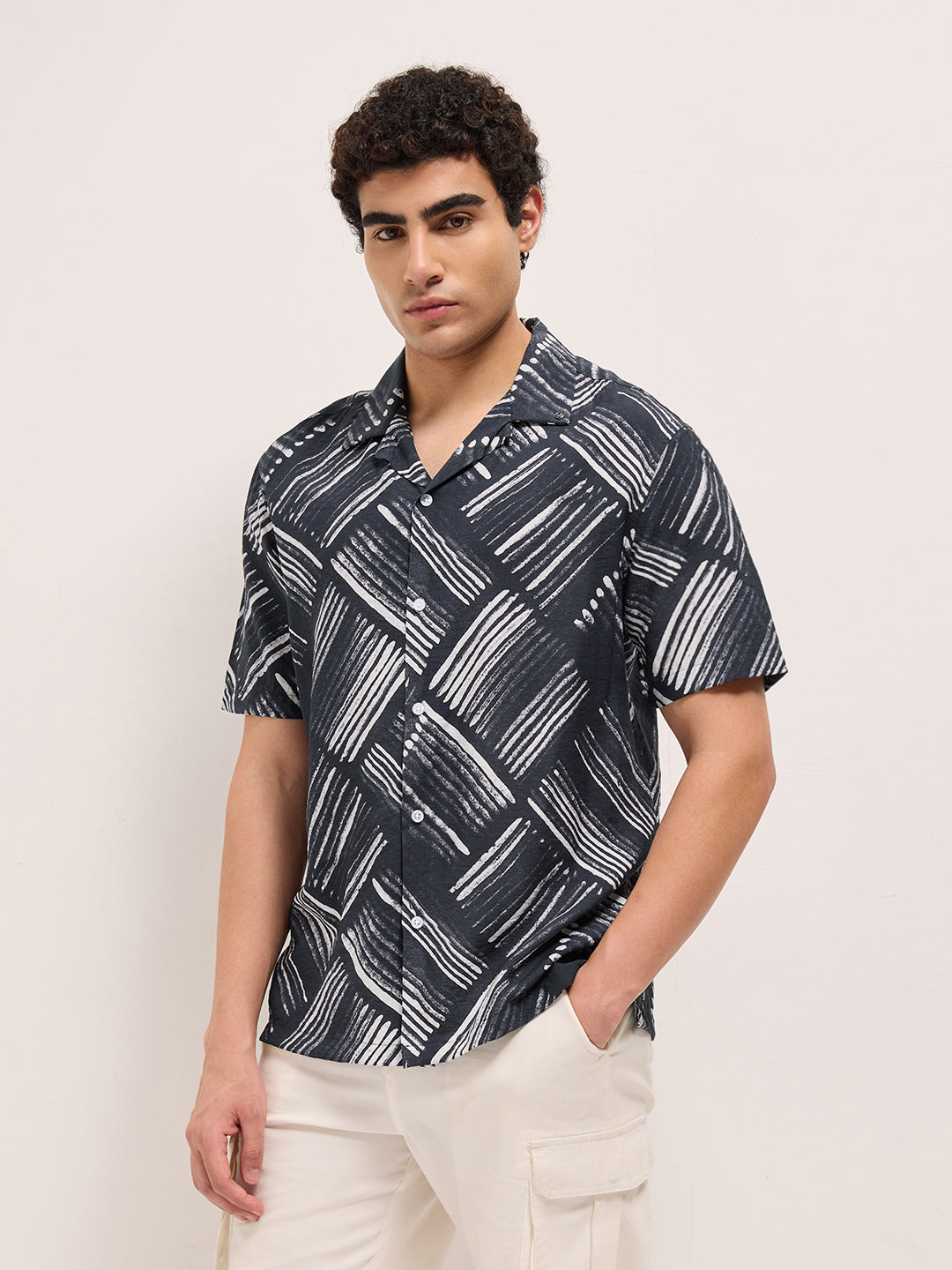 Black Abstract Brushstroke Printed Relaxed Fit Cuban Collar Casual Shirt