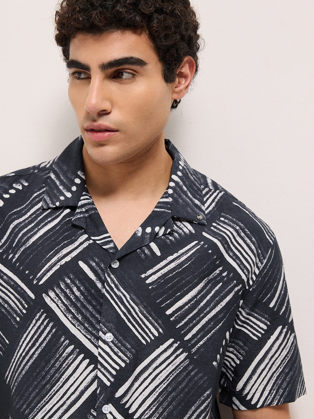 Black Abstract Brushstroke Printed Relaxed Fit Cuban Collar Casual Shirt