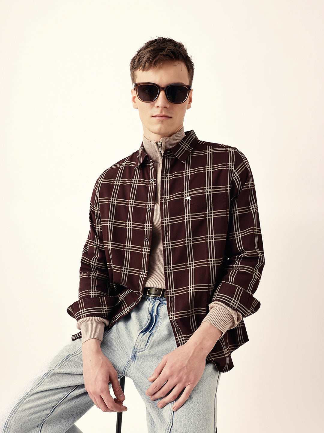 Brown Regular Fit Woven Checked Casual Shirt