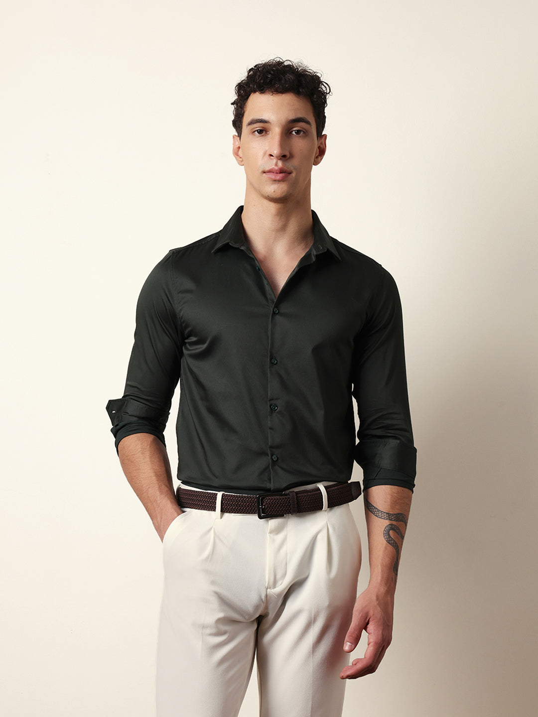 Dark Green Solid Tailored Fit Formal Shirt