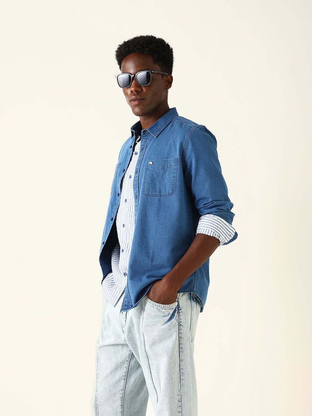 Blue Denim Solid Regular Fit Casual Shirt