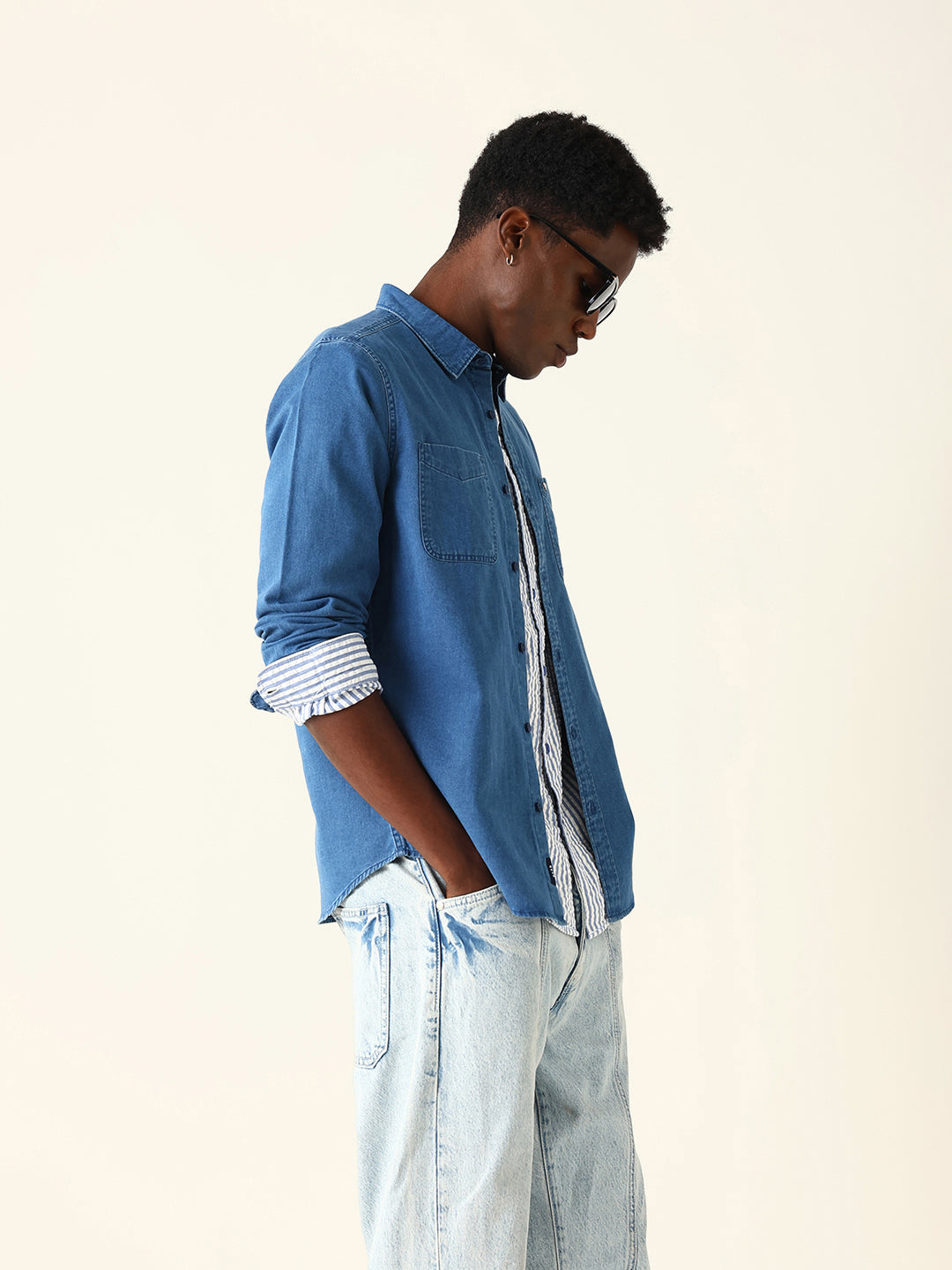 Blue Denim Solid Regular Fit Casual Shirt