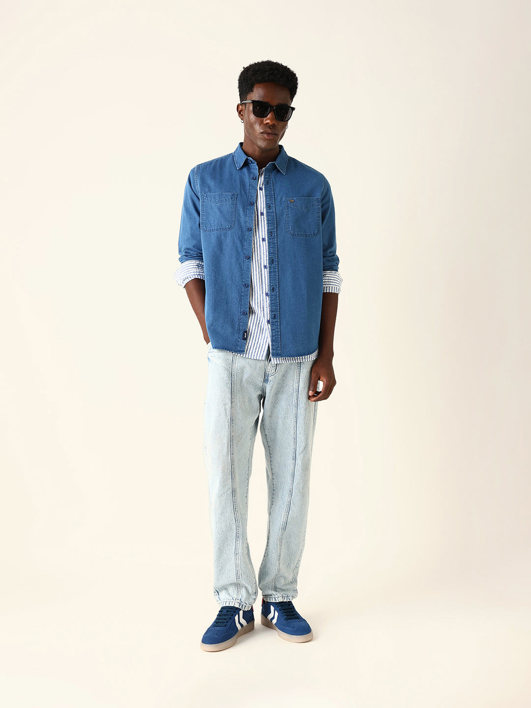 Blue Denim Solid Regular Fit Casual Shirt
