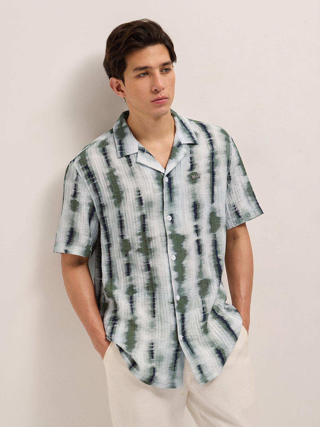 Green Viscose Abstract print Relaxed Fit Cuban Collar Shirt