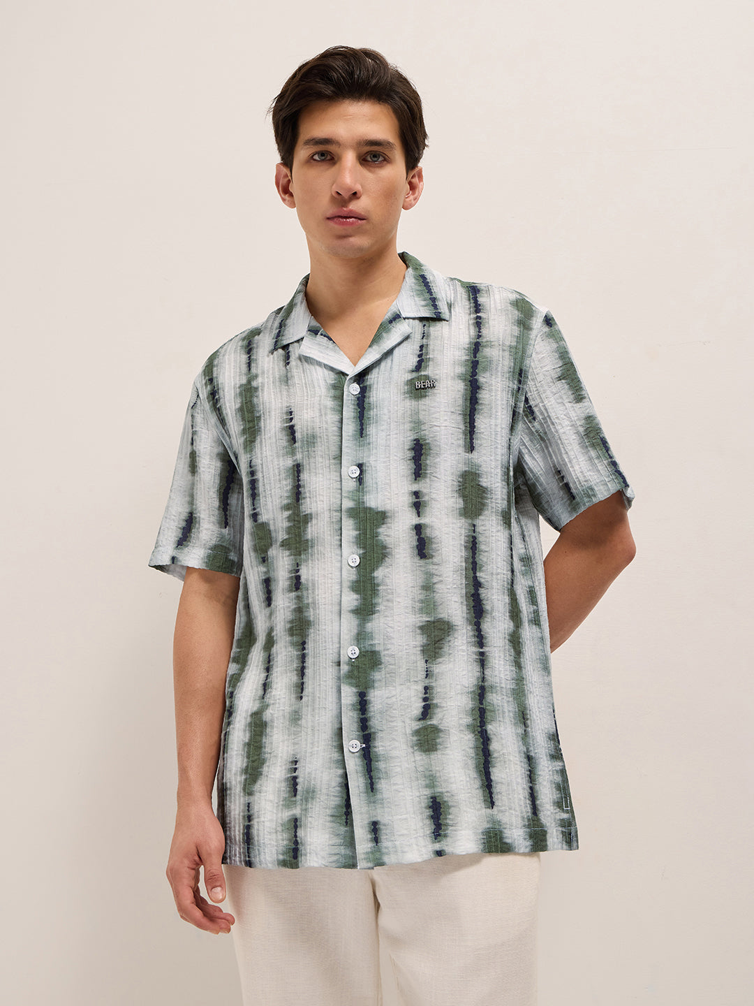 Green Viscose Abstract print Relaxed Fit Cuban Collar Shirt