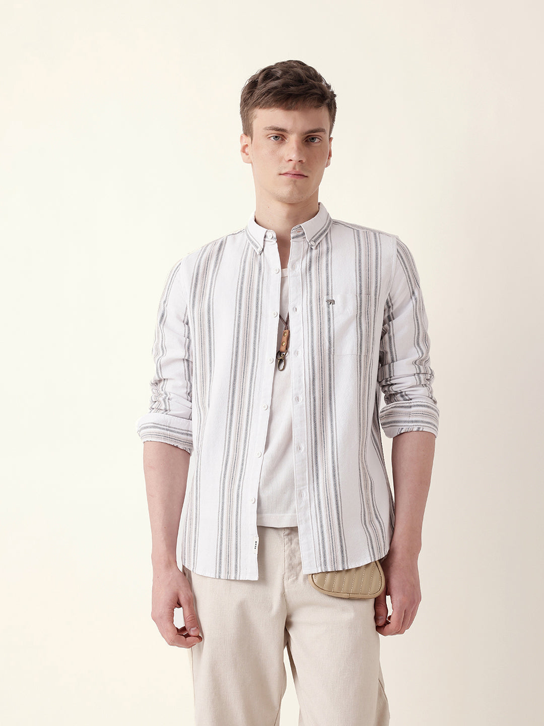 White Vertical Woven Stripe Slim Fit Casual Shirt
