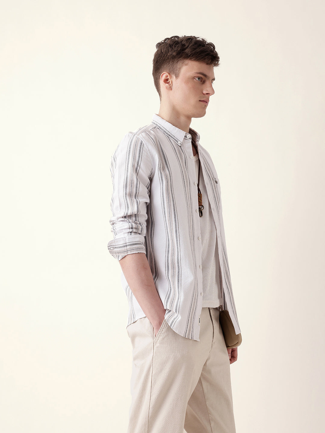 White Vertical Woven Stripe Slim Fit Casual Shirt