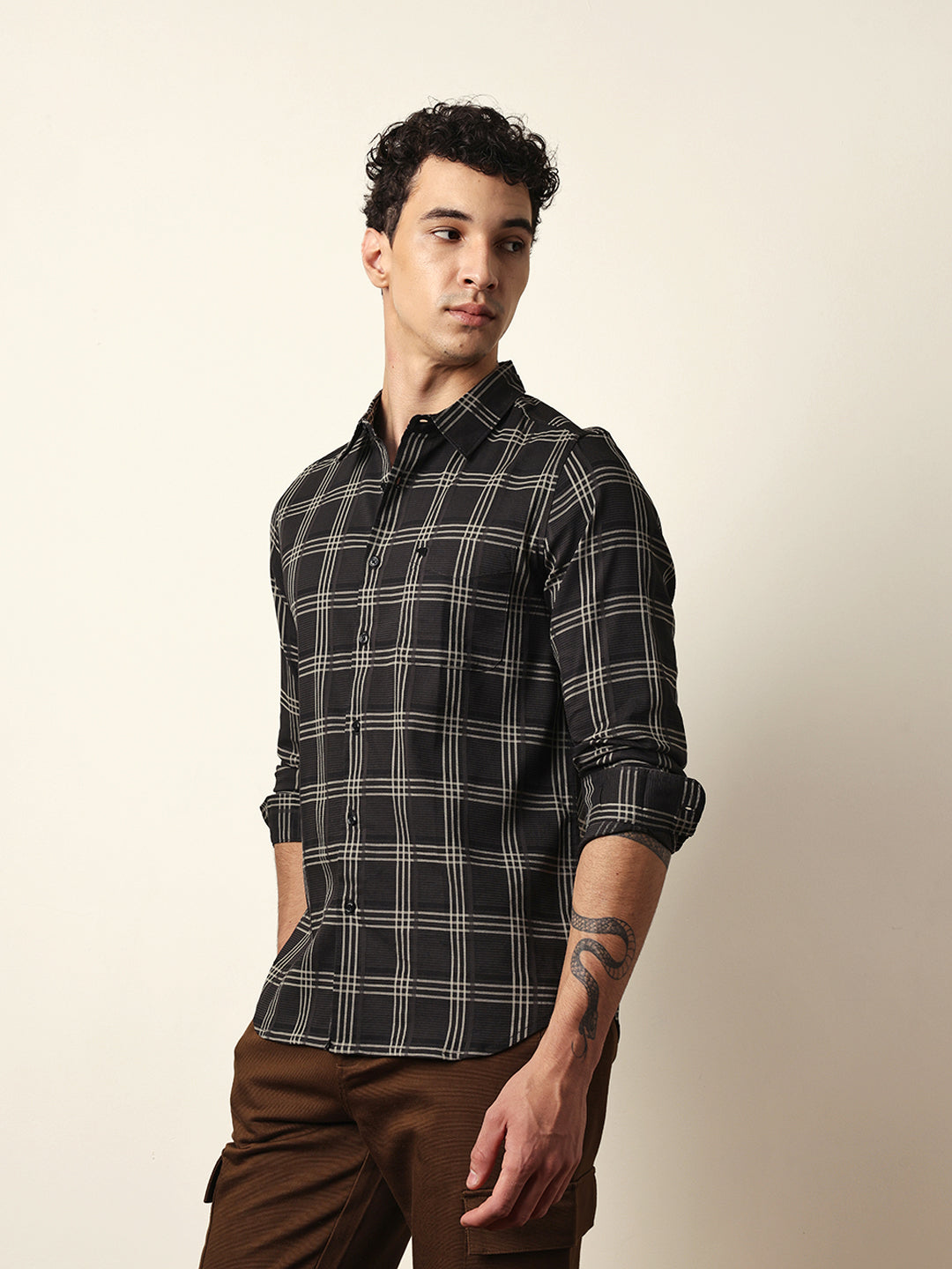Black Regular Fit Woven Checked Casual Shirt