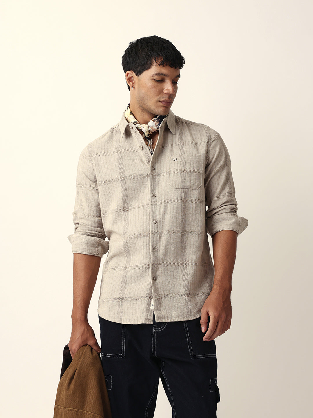Beige Slim Fit Casual Shirt with Vertical Stripes & Horizontal Texture Design
