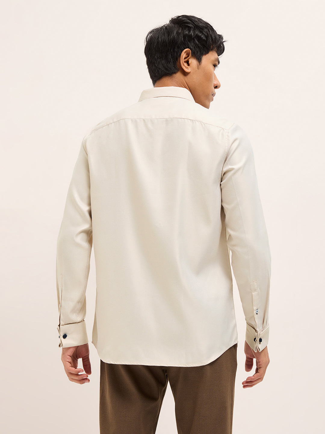 Beige Textured Woven Tailored Fit Formal Shirt