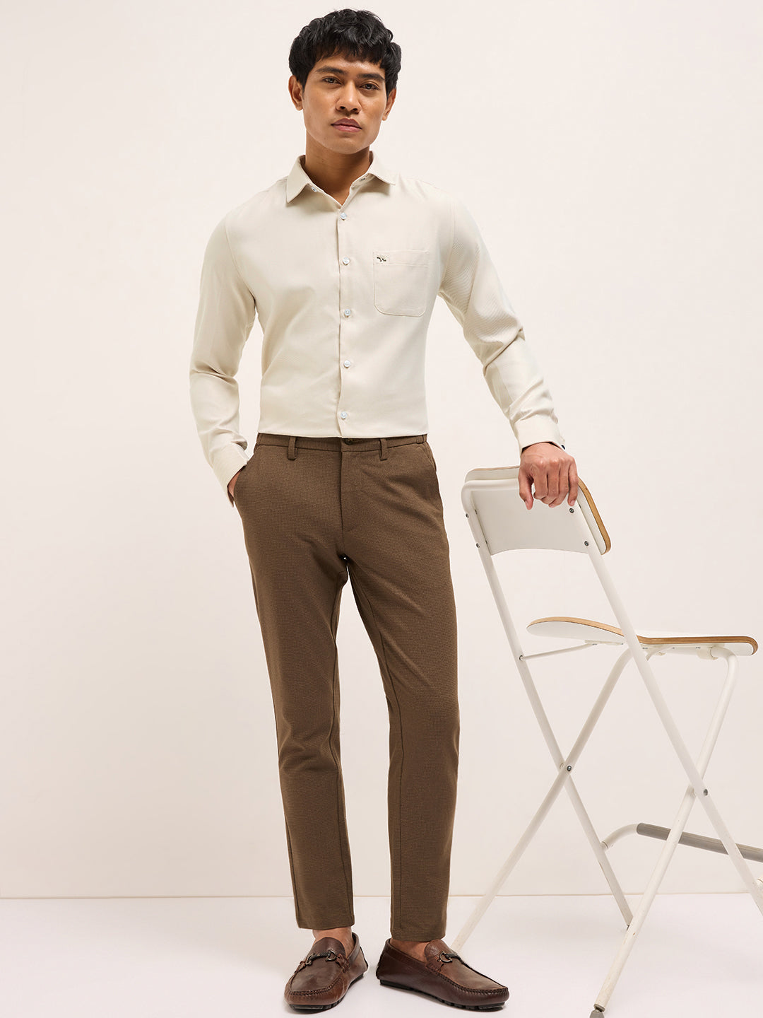 Beige Textured Woven Tailored Fit Formal Shirt