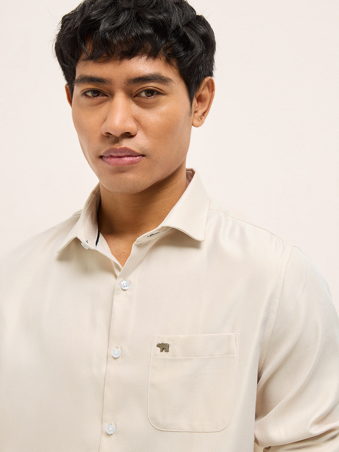 Beige Textured Woven Tailored Fit Formal Shirt