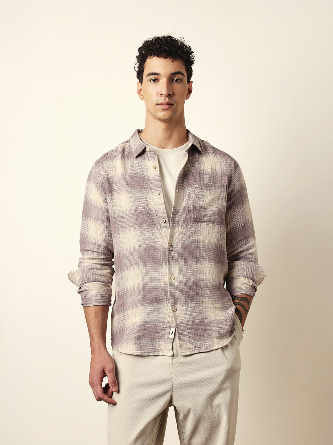 Purple & Cream Woven Textured Checks Regular Fit Casual Shirt