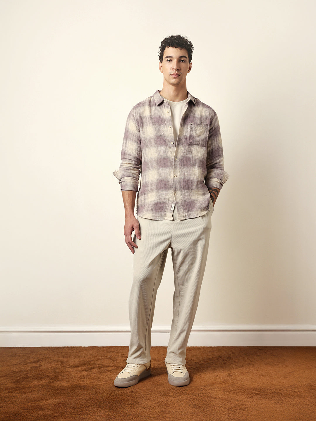 Purple & Cream Woven Textured Checks Regular Fit Casual Shirt