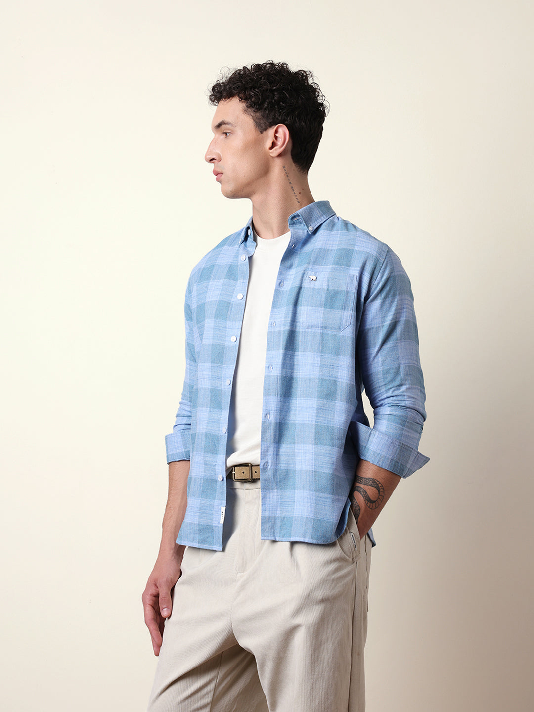 Blue Woven Tartan Checked Slim Fit Casual Shirt