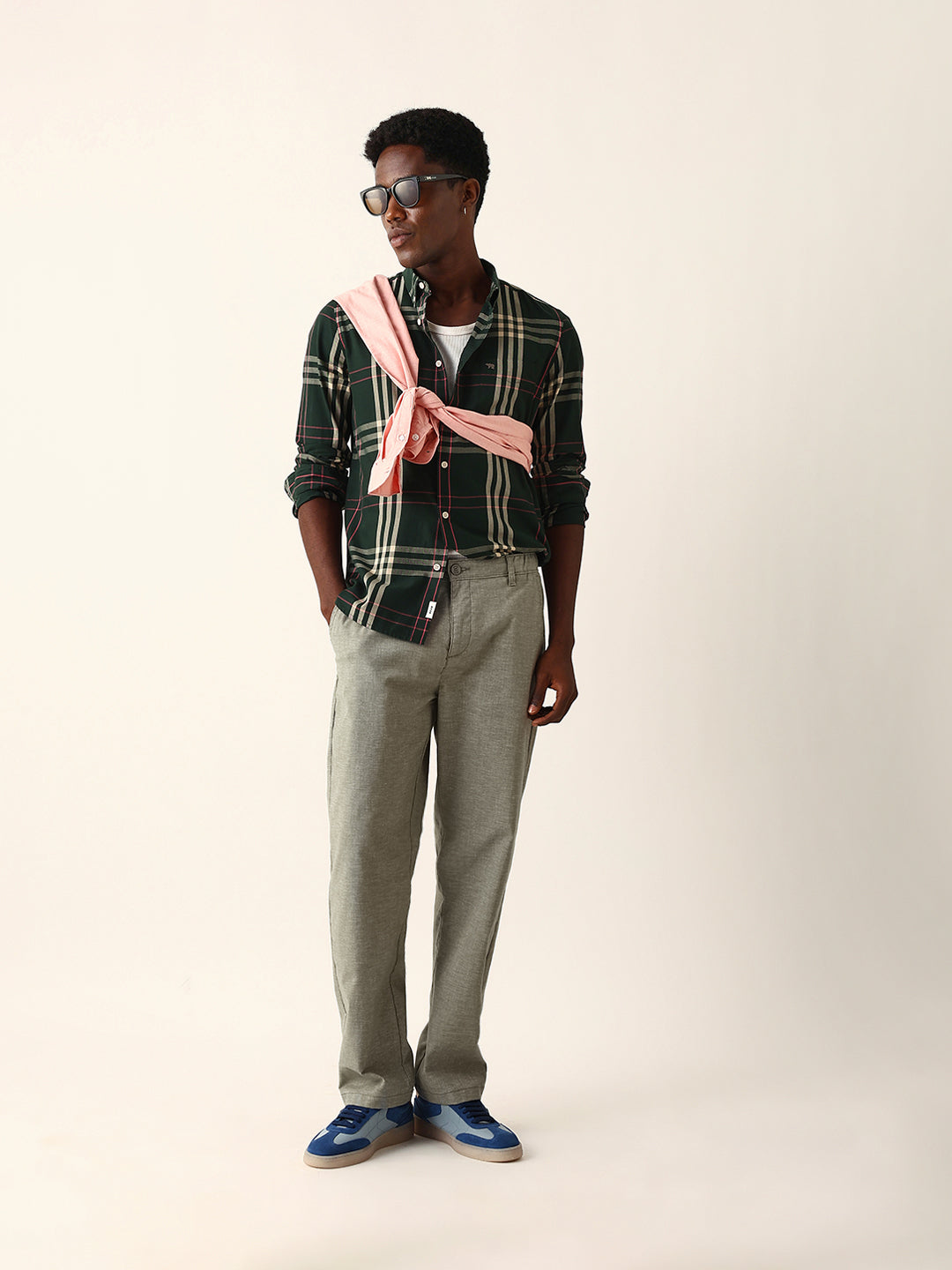 Dark Green Windowpane Checked Slim Fit Woven Casual Shirt