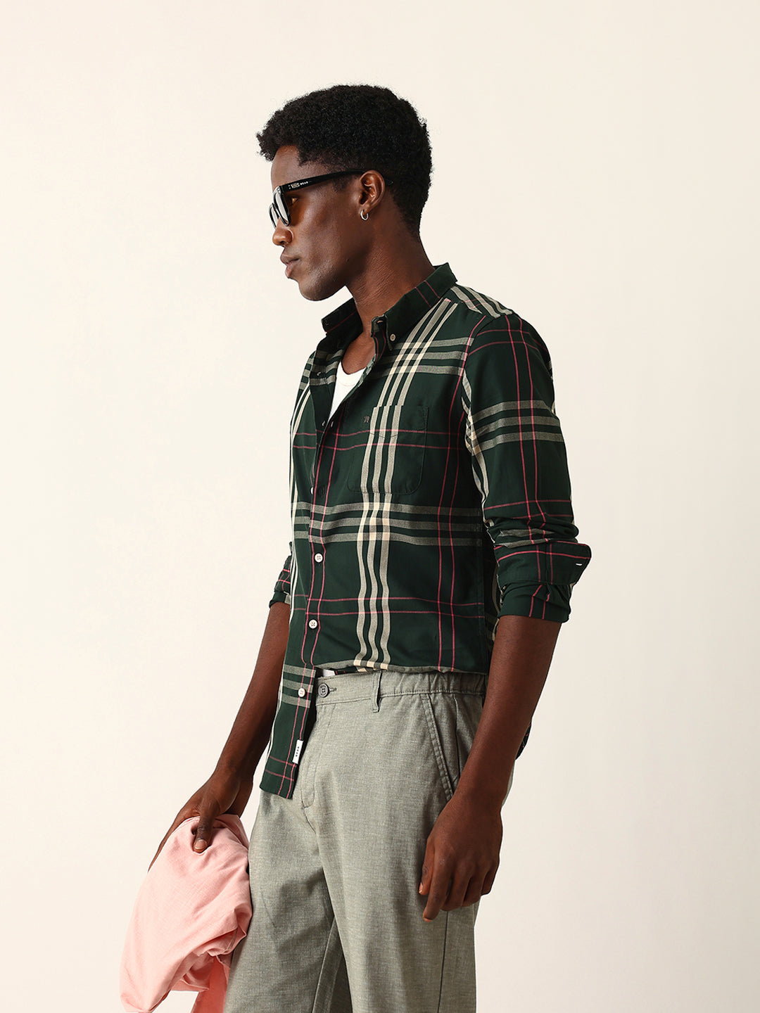Dark Green Windowpane Checked Slim Fit Woven Casual Shirt