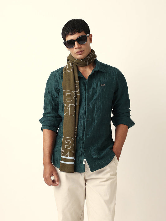 Green Textured Woven Self-Design Slim Fit Casual Shirt