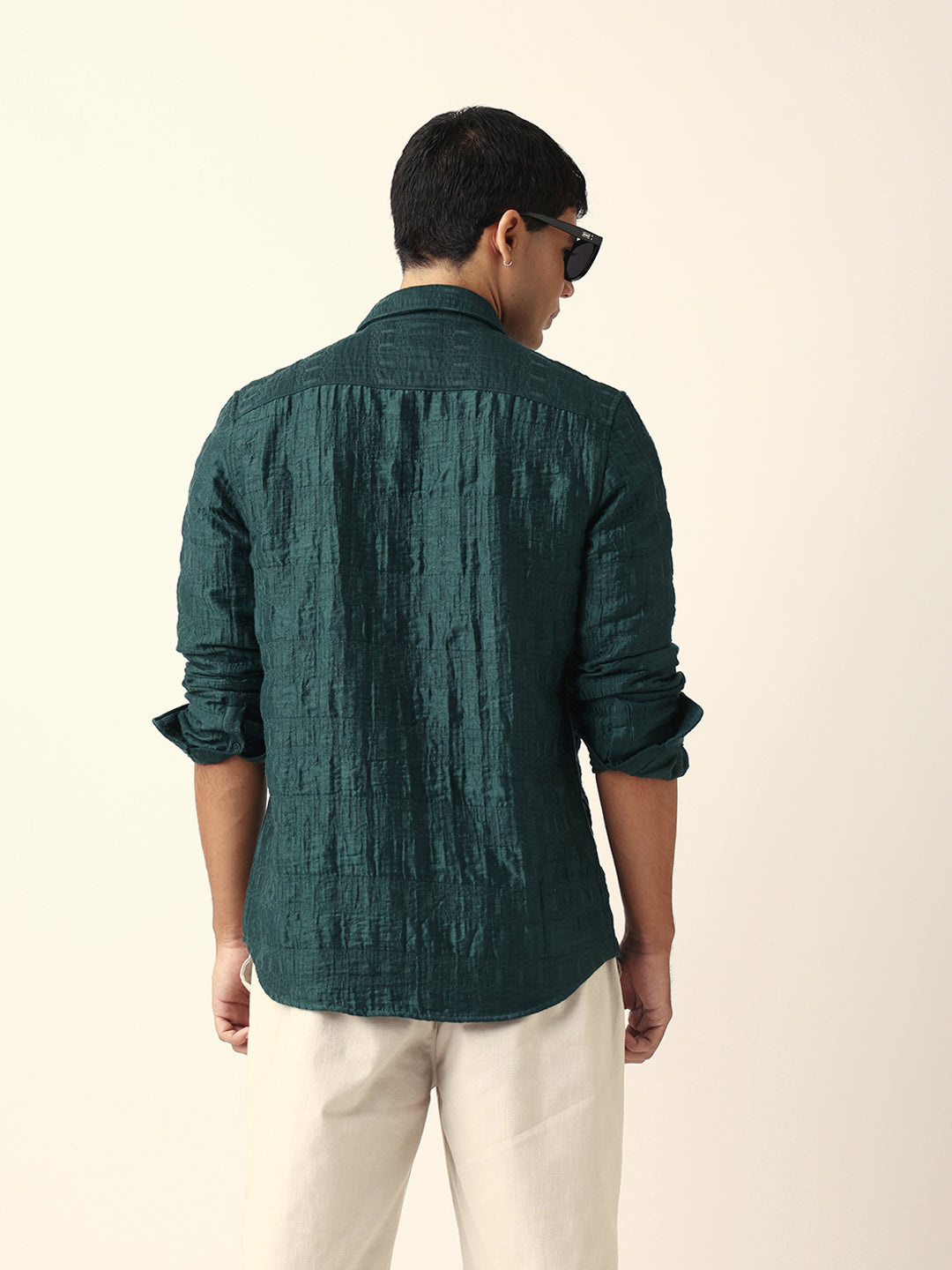 Green Textured Woven Self-Design Slim Fit Casual Shirt