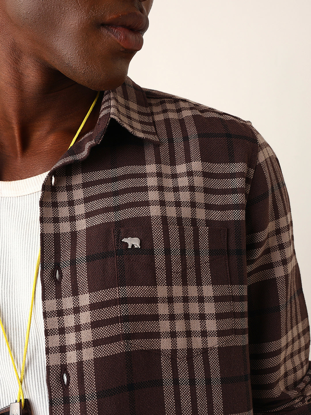 Brown Woven Check Slim Fit Casual Shirt