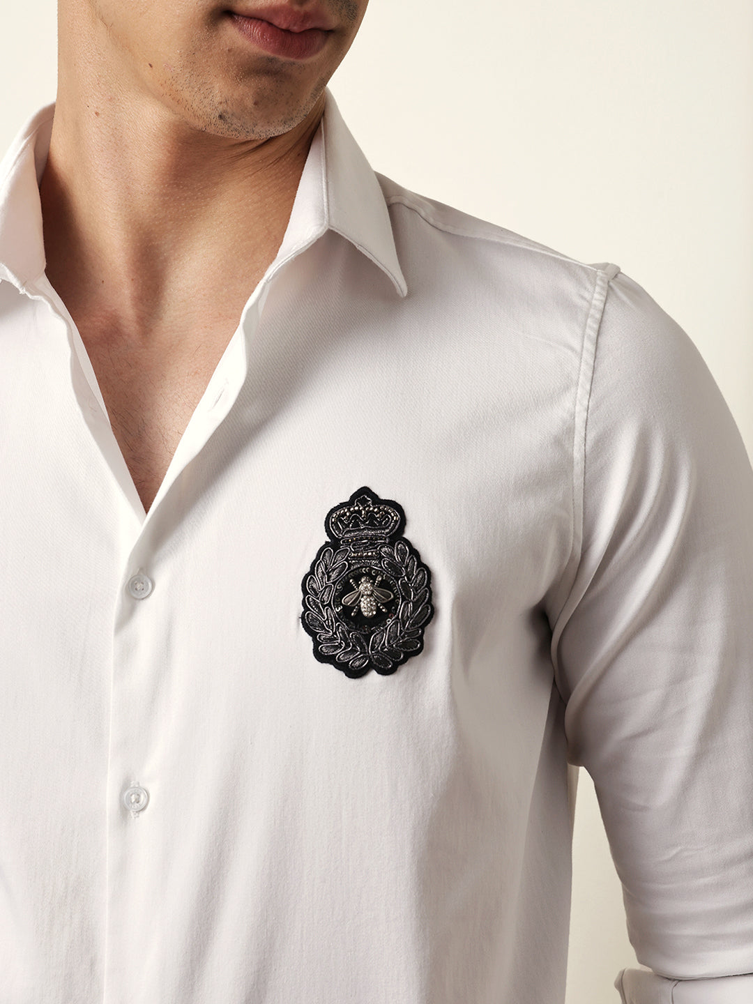 White Tailored Fit Regal Crest Embroidery Formal Party Shirt