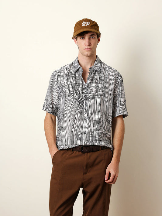White & Black Abstract Line Print Relax Fit Casual Shirt