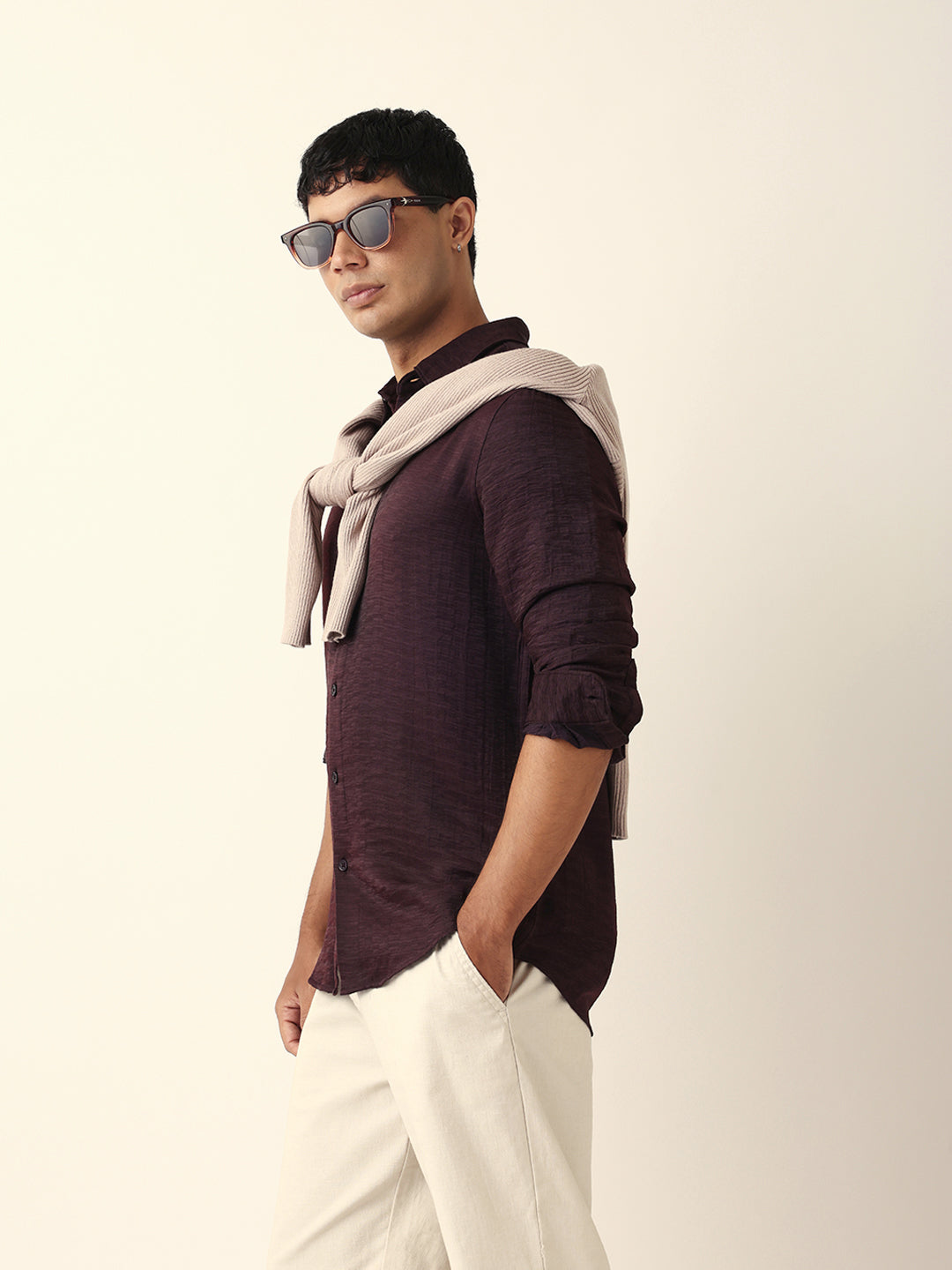 Deep Maroon Crinkle Textured Slim Fit Casual Shirt