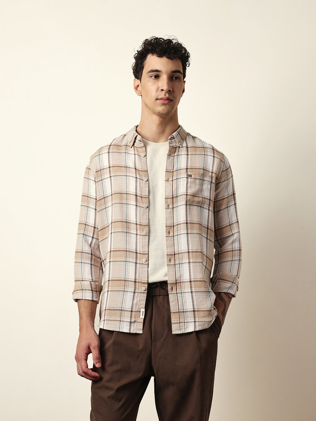 Beige Textured Woven Check Slim Fit Casual Shirt